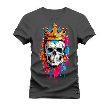 Imagem de Camiseta Premium Malha Confortável Estampada Caveira Usando Coroa Grafite GG