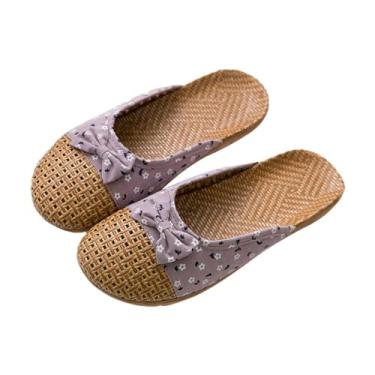 Imagem de OFFSCH 1 Par sandálias chinelos roxos sandália de verão slides de ratã sapatos de vime para casa chinelo de vime plano sapatos de lazer Baotou homem e mulher grama