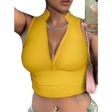 Imagem de SOLY HUX Regata feminina plus size meio zíper decote V profundo sexy cropped tops, Amarelo liso, GG Plus Size