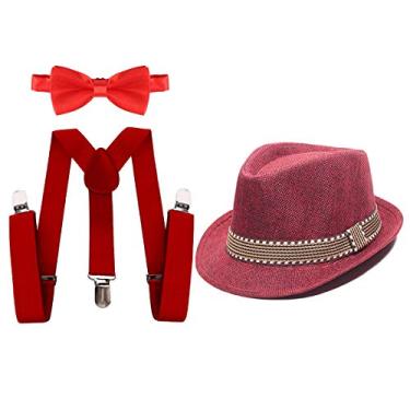Imagem de HIHCBF Conjunto de acessórios de fantasia infantil anos 20 para meninos, roupas de festa, suspensórios ajustáveis, gravata borboleta, aba curta, chapéu Fedora, Vermelho, Tamanho �nico