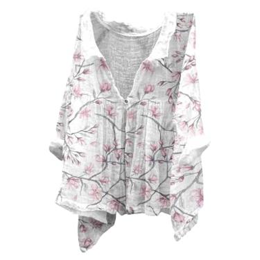 Imagem de Camisetas femininas de linho de verão, estampa floral, casual, grande, branca, gola V, blusa folgada de manga comprida, rosa, G