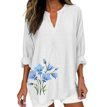 Imagem de Camiseta de linho para mulheres, estampa floral, manga comprida, gola V, camiseta grande, roupas casuais elegantes, Branco, 3G