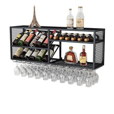 Imagem de Prateleira de metal para vinho, prateleira de bar montada na parede com suporte para vidro de vinho suspenso, mini bar, armário de bebidas, prateleira de exposição de garrafas, prateleira de uísque,