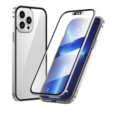 Imagem de HAO RIYLN Capa para iPhone 15 Pro Max/15 Pro/15 Plus/15.360 graus proteção frente e verso capa de telefone sem fio carregamento de vidro temperado moldura de metal, prata, 15 Plus 6,7''