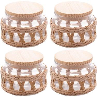 Imagem de 4 Potes Herméticos 350ml Vidro Sisal Tampa Madeira Wolff par