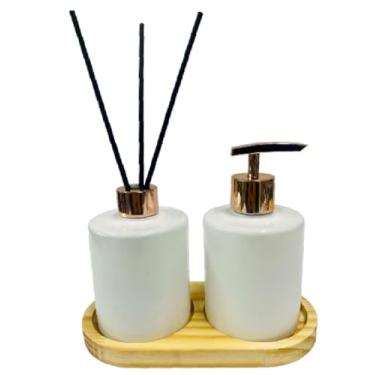 Imagem de Kit Lavabo Branco/Rosê (Porta Sabonete Líquido Difusor de Ambiente) - 400ml