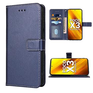 Imagem de FDCWTSH Capa carteira compatível com Xiaomi Poco X3/PocoX3 NFC, alça de pulso, capa flip de couro, suporte de cartão, capas de celular para Xiami Xiomis Xiome Mi PocoX3NFC Pocco X 3 3X Azul