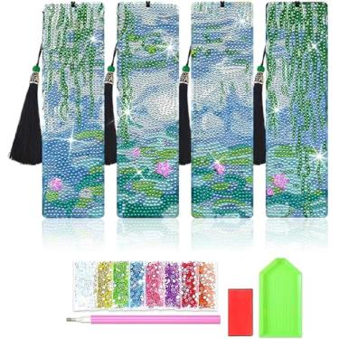 Imagem de Marcadores de livro de arte de diamante, 4 peças Monet Water Lilies Diamond Art Marcadores de livro de acrílico com borla, kits de presente para leitores amantes de artesanato
