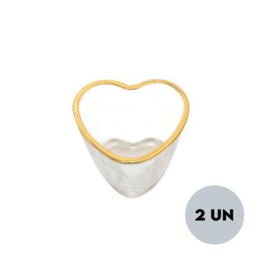 Imagem de Kit 2 Copo de Shot Coração Vidro com Borda Dourada 50ml Lyor