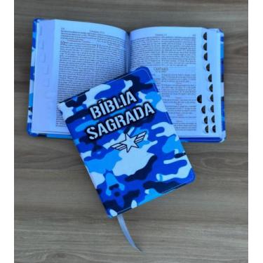 Imagem de Bíblia pequena exército azul - com índice e harpa e corinhos - CPP