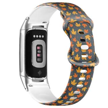 Imagem de Pulseira esportiva macia compatível com Fitbit Charge 5/Fitbit Charge 6 (folhas de outono) para mulheres e homens