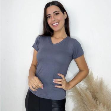 Imagem de Camisa Gola V Manga Curta feminina básica - GK, Cinza, M