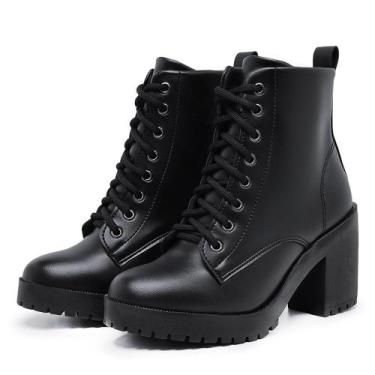 Imagem de Bota Coturno Feminino Salto Médio Tratorada Macia Confortável Preto - 