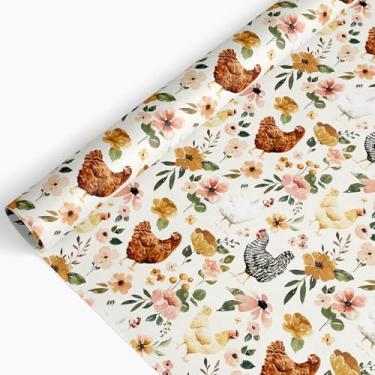 Imagem de JarThenaAMCS Papel de embrulho floral de galinha - Mini rolo - 43 cm x 80 m Aquarela Flor Frango Papel de Embrulho de Presente Papel de Arte Rústica para Casa de Fazenda Artesanato DIY