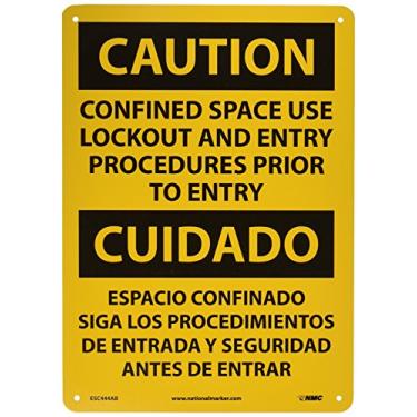 Imagem de NMC Placa OSHA bilíngue ESC444AB, legenda "CUIDADO - PROCEDIMENTOS DE LOQUEIO E ENTRADA DE USO EM ESC444AB ANTES DA ENTRADA", 25,4 cm de comprimento x 35,5 cm de altura, 0,040 alumínio, preto em