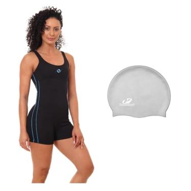 Imagem de Kit Maiô Macaquinho Helanca Natação E Touca De Silicone Grande (Preto/Turquesa - Touca Prata, XGG)
