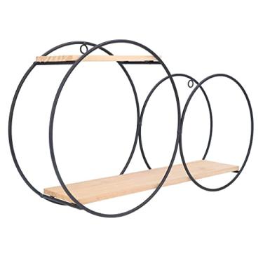 Imagem de Prateleiras de parede de madeira circular, prateleira de parede circular preta design redondo de uso duplo tronco de ferro firmemente soldado para casa de chá para escritório para sala de estar
