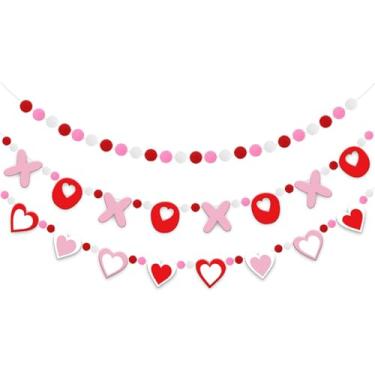 Imagem de Doumeny 3 peças de guirlanda de feltro de coração para dia dos namorados XOXO guirlanda suspensa feliz dia dos namorados bandeira bola pompom vermelho rosa branco amor coração bandeira bandeira para