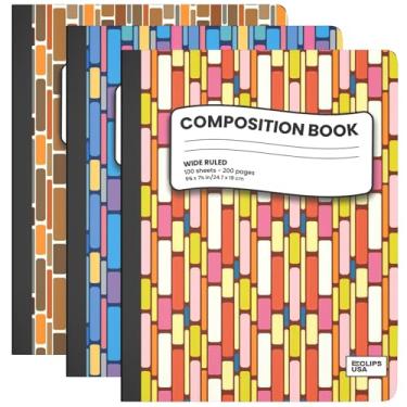 Imagem de E-CLIPS USA Cadernos de composição, caderno de composição pautada ampla, caderno de composição de mármore de capa dura, 3 cores de design geométrico, 100 folhas, 24 x 19 cm (pacote com 3)