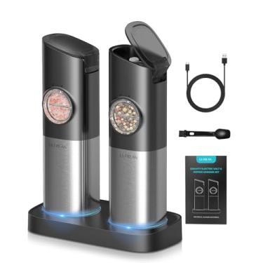 Imagem de Ultrean Gravity - Conjunto de moinho elétrico de sal e pimenta, recarregável por USB com base de carregamento duplo, finura ajustável, operação com uma mão, construção em aço inoxidável, tampas de