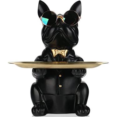 Imagem de Estátua de armazenamento de mesa de buldogue de resina, escultura de estatueta de animal com bandejas de armazenamento de metal, decoração de mesa de cofrinho de moedas, prato de doces, tigela de