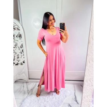 Imagem de vestido gola V com bolço e fenda lateral - MK MODAS, Rosa, M