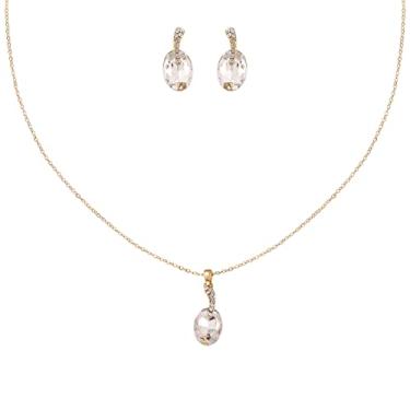 Imagem de GZJOGO Conjunto de joias de ouro para mulheres, meninas, conjunto de colar de casamento, colar de casamento, brincos de casamento e strass, acessórios para dama de honra, presentes de aniversário de formatura, Vidro, Diamante sintético
