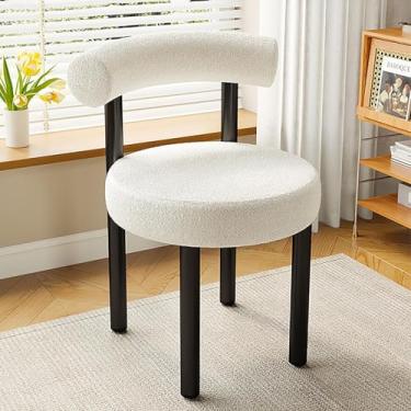 Imagem de Cadeira de jantar estofada Sherpa, cadeiras modernas de cozinha Vanity Chai com encosto curvo, cadeira de sala de jantar Boucle com pernas de metal para sala de estar/recepção/quarto, branca