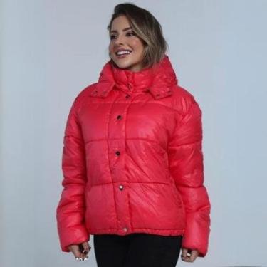 Imagem de Jaqueta Feminina Nylon Puffer com Capuz Removível Fecho Duplo Botão e Ziper Repele Líquido-Feminino