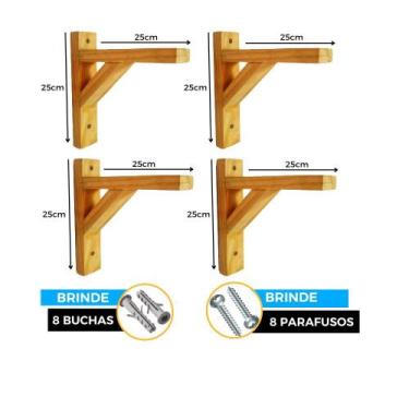 Imagem de Kit 4 Mão Francesa de Madeira Pinus + Buchas e Parafusos 25x25