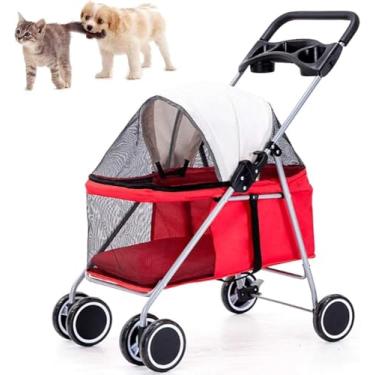 Imagem de Carrinho de 4 cães para cães e gatos, carrinho de cachorro dobrável, carrinho de corrida para cães, carrinho de transporte para animais de estimação, até 15 kg, vermelho