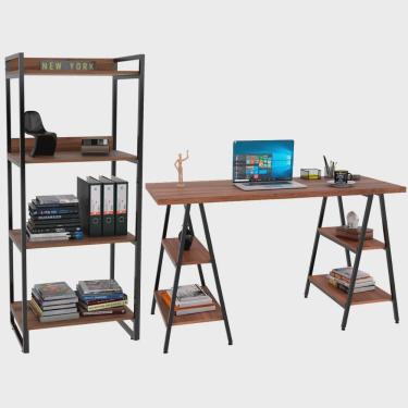 Imagem de Kit Mesa Cavalete 135 cm com Estante 4 Prateleiras Estilo Industrial Form C01 Nogal - Lyam Decor