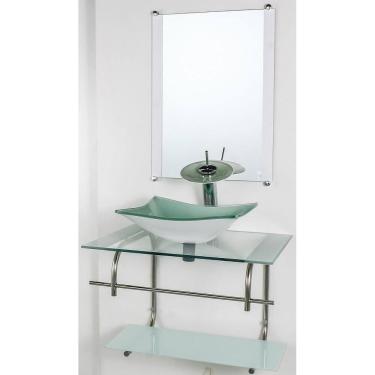 Imagem de Gabinete De Vidro Banheiro Inox 70Cm Cuba Retangular Branco