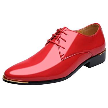 Imagem de Sapato social masculino clássico bico fino couro envernizado cadarço formal Oxford sapatos preto marrom vermelho cinza, Vermelho, 44