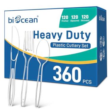 Imagem de Conjunto de facas e garfos de plástico transparente, 360 unidades, garfos e colheres, utensílios descartáveis a granel, conjunto de talheres premium, transparente, descartável, sem BPA, resistente ao