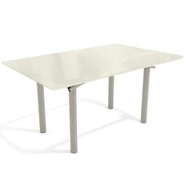 Imagem de Mesa p/ Cozinha Elba Tampo Madeirado c/ Vidro 160cm Niquel/Off White -