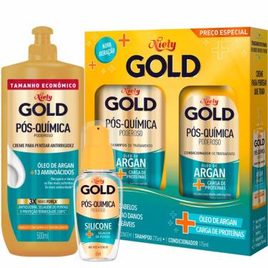 Imagem de Creme para Pentear Niely Gold Pós-Química Poderoso + Shampoo e Condicionador + Reparador de Pontas
