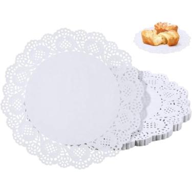 Imagem de 150 peças de papel de renda branca de 15 cm, forros redondos descartáveis para buffet, bolos, frituras, mesas de festa e casamento, toalhas de cozinha e mesa, expositor decorativo de alimentos