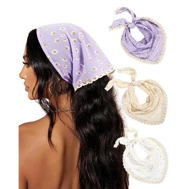 Imagem de 3 pçs bandana de cabelo floral lenço de cabeça de chiffon para mulheres e meninas, cachecol de cabelo boho, bandana de margarida e lenço de cabeça (acabamento de renda girassóis (amarelo/branco/roxo))