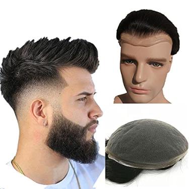 Imagem de NLW Peruca de cabelo humano europeia para homens com renda suíça macia, super fina, 25,4 x 20,3 cm, sistema de substituição de cabelo humano para homens #1b Off black