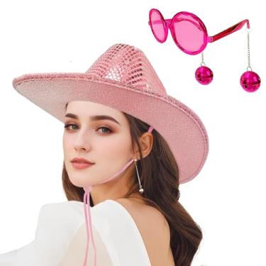 Imagem de JIANGLAI Chapéu de cowboy western bola de discoteca com óculos de sol discoteca, chapéu de vaqueira espelhado prata brilhante para mulheres e homens, fantasia cosplay festa (rosa)