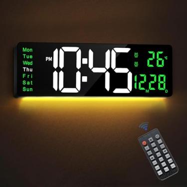 Imagem de Mee 2ou Relógio de parede digital grande de LED de 40,6 cm com data e dia da semana, temperatura, alarme duplo e temporizador de luz noturna de 9 cores RGB contagem regressiva para sala de estar,