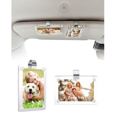 Imagem de ESVNE 2 porta-retratos de carro para viseira magnética para fotos de 7,6 cm, suporte para viseira de sol de carro com ímã acrílico forte, acessórios personalizados para carro com clipes para facilitar