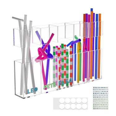 Imagem de Gesumu Suporte de canudo de acrílico com fita adesiva dupla face reutilizável organizador de canudo recipiente de armazenamento para balcão armário armário cozinha