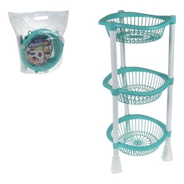 Imagem de Fruteira Plástica de 3 Andares, Redonda, Organizador de Cozinha, Verde Água