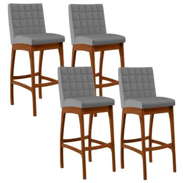 Imagem de Kit 04 Banquetas Altas Fixa Mila B04 Madeira Eucalipto Assento Couro Sintético Cinza Fosco Lyam Decor