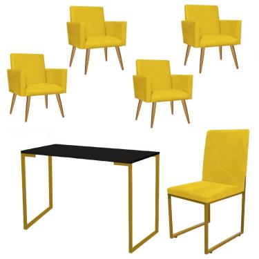 Imagem de Kit Escritório 4 Poltronas Com Cadeira E Mesa Tampo Preto Dourado Corino Amarelo - Amey Decor