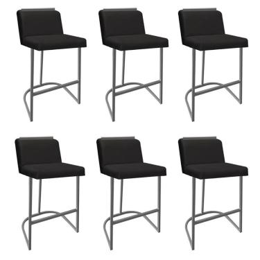 Imagem de Kit 06 Banquetas Com Encosto Nynna Luxo Confort Bistrô Cozinha Ferro Cinza Suede Preto - Amey Decor