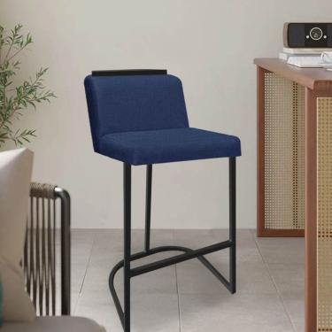 Imagem de Banqueta Com Encosto Nynna Luxo Confort Bistrô Cozinha Ferro Preto Linho Azul Marinho - Amey Decor