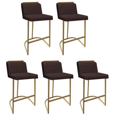 Imagem de Kit 05 Banquetas Com Encosto Confort Bistrô Cozinha Ferro Dourado Suede Marrom Amey Decor